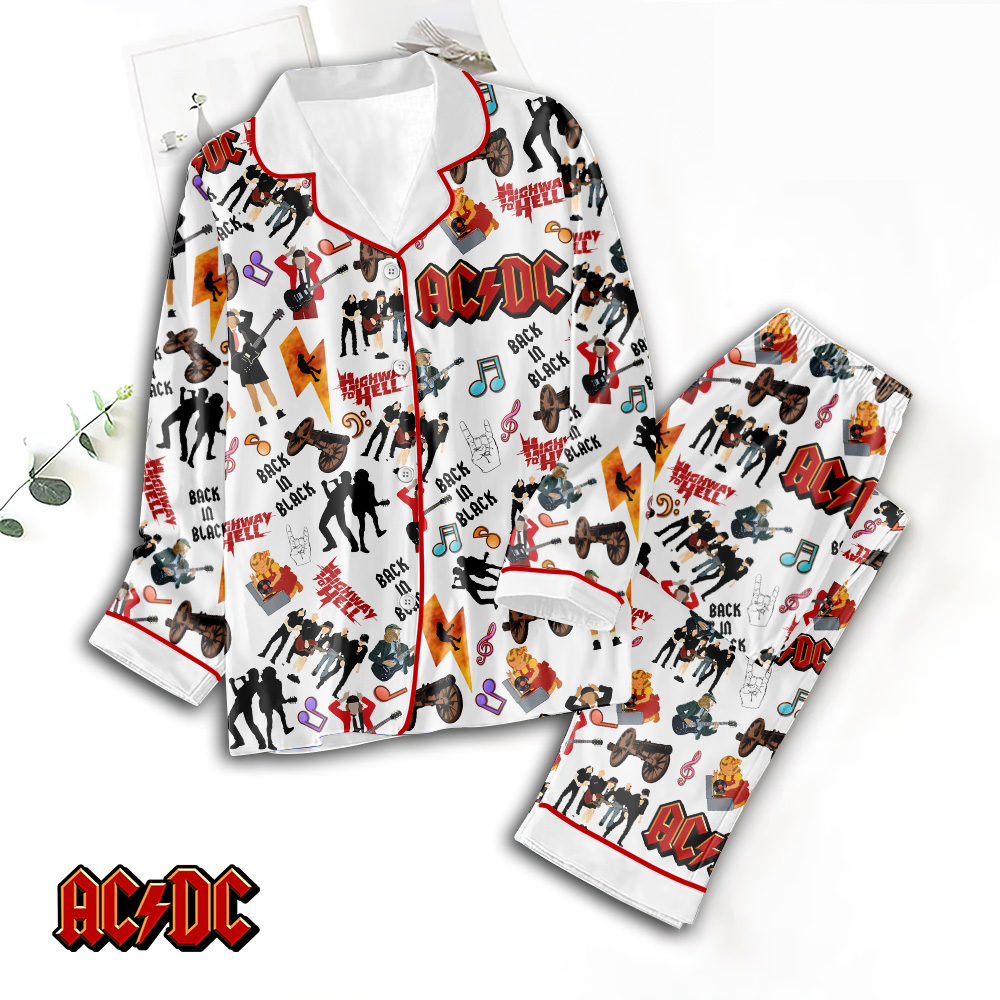 Farmhousemerch AC/DC Music Button Down Pajamas Set Gift For Fan