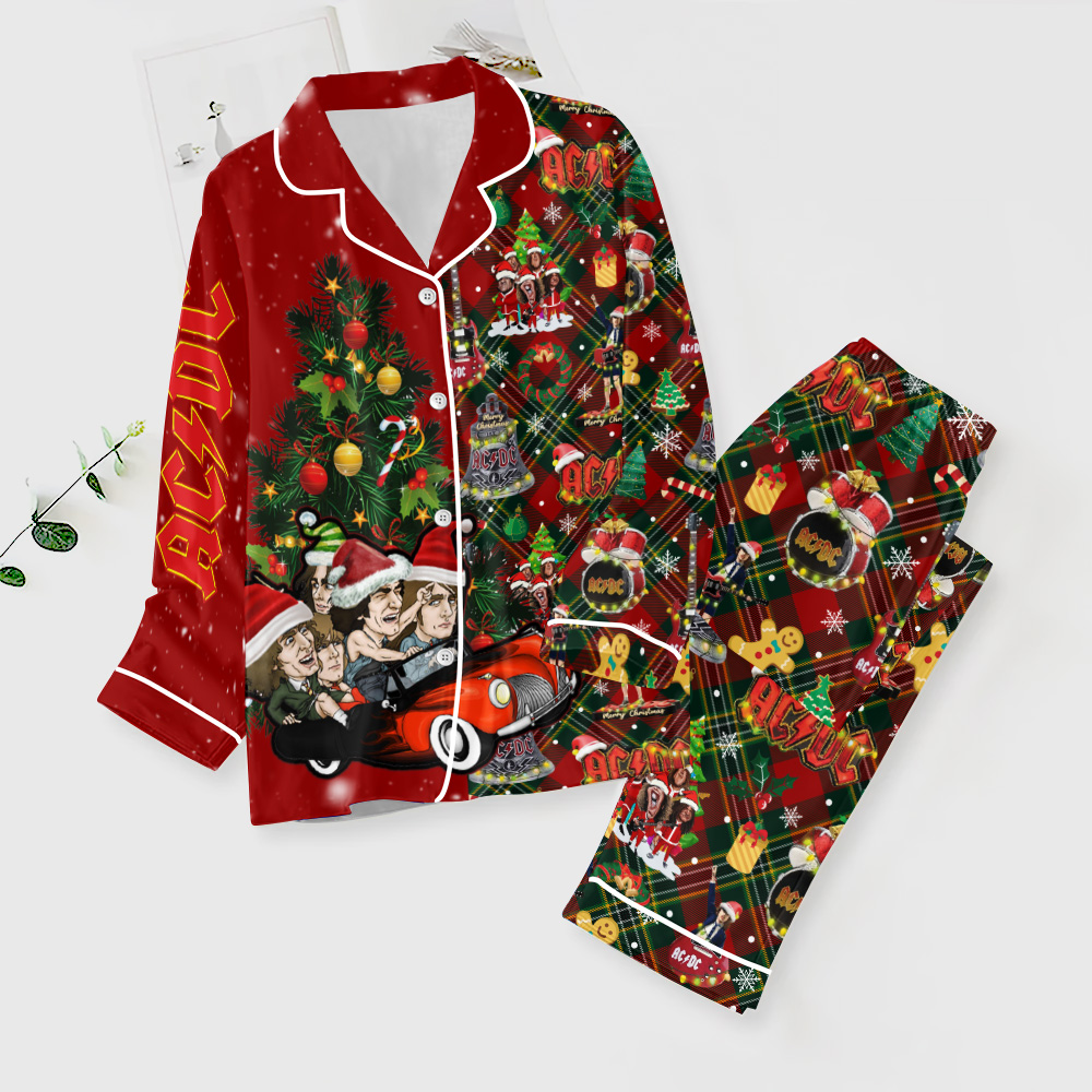 Farmhousemerch AC/DC Music Button Down Pajamas Set Gift For Fan