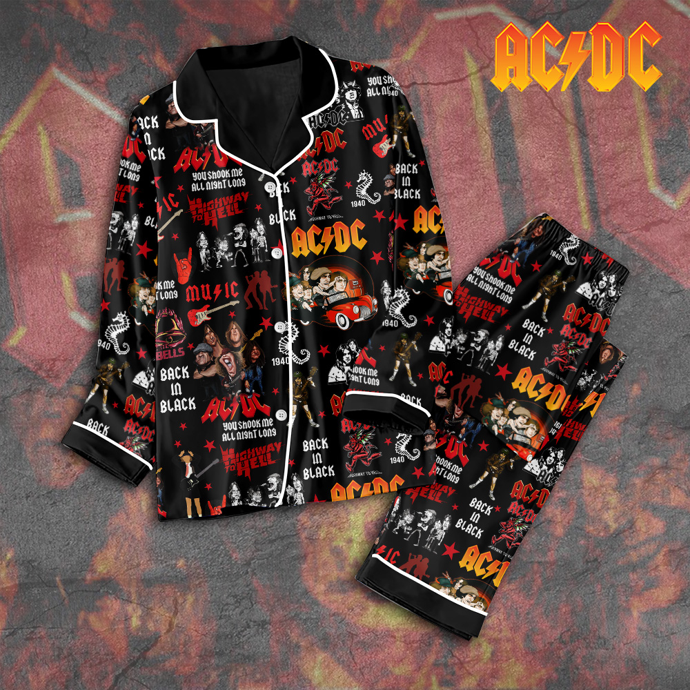 Farmhousemerch AC/DC Music Button Down Pajamas Set Gift For Fan