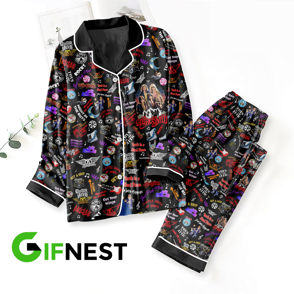 Farmhousemerch Aerosmith Music Button Down Pajamas Set Gift For Fan