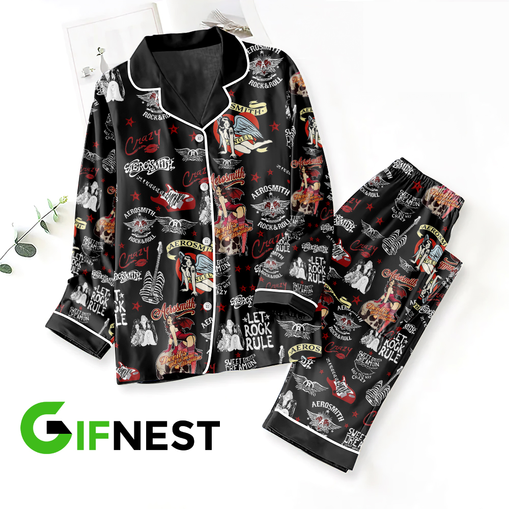 Farmhousemerch Aerosmith MusicButton Down Pajamas Set Gift For Fan