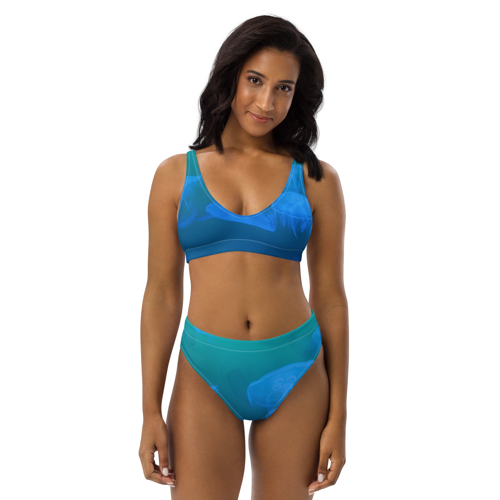 Farmhousemerch Blue Jellyfish Print Recycled High-Waisted Bikini Gift For Fan
