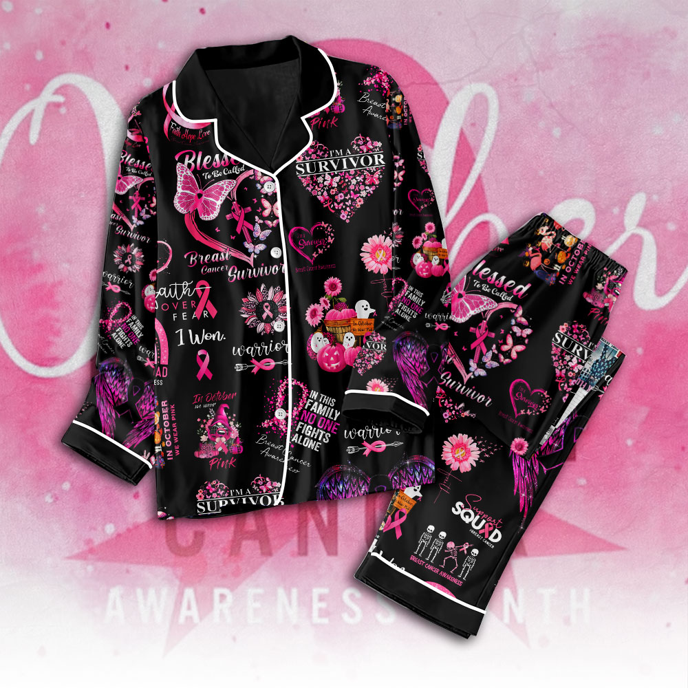 Farmhousemerch Breast Cancer Awareness Button Down Pajamas Set Gift For Fan