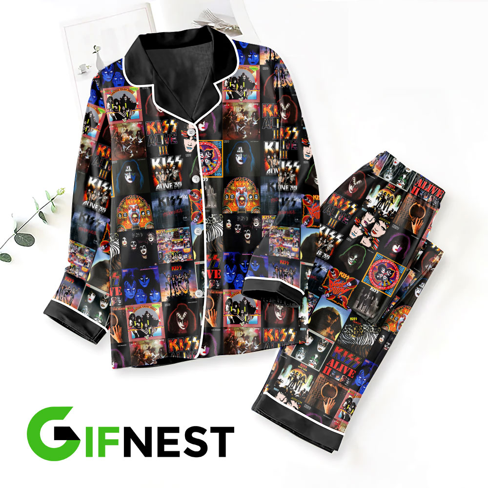 Farmhousemerch Kiss Band Music Button Down Pajamas Set Gift For Fan