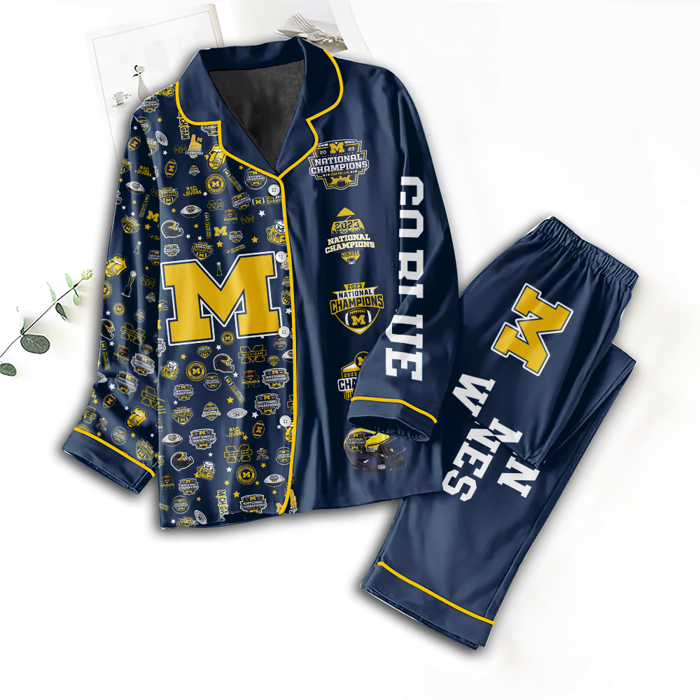 Farmhousemerch Michigan Wolverines NCAA Football Button Down Pajamas Set Gift For Fan